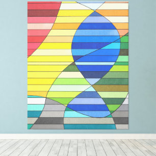 Gestreepte abstract met gele en blauwe vormen canvas afdruk