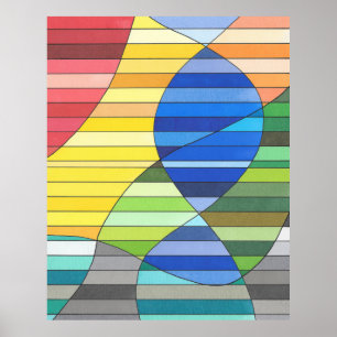 Gestreepte abstract met gele en blauwe vormen poster