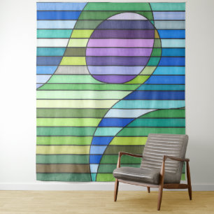 Gestreepte Abstracte Groene Golven en Paarse Cirke Wandkleed