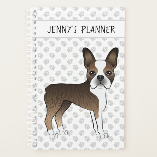 Gestreepte Boston Terrier Cartoon Hond & Aangepast Planner (Voorkant)