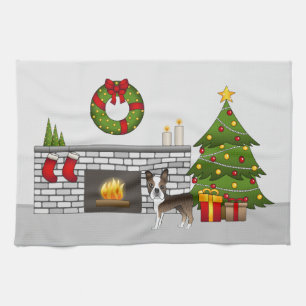 Gestreepte Boston Terrier in een Festive Kerst Kam Theedoek
