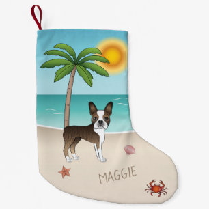 Gestreepte Boston Terrier Op Een Tropisch Zomerstr Kleine Kerstsok