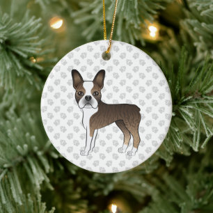 Gestreepte Boston Terrier Schattige Cartoon Hond & Keramisch Ornament