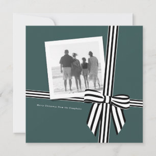 Gestreepte Bow Square Holiday Photo Card Groen Feestdagenkaart