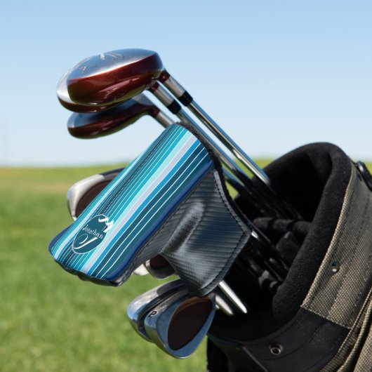 Gestreepte golfaccessoires gepersonaliseerd blauw golfheadcover (Insitu)