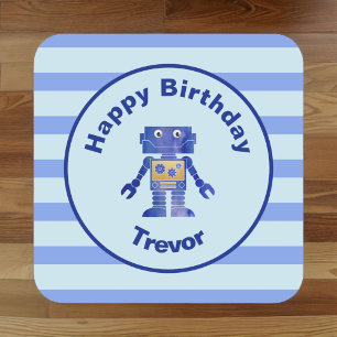 Gestreepte Happy Birthday Blue Gold Robot met naam Vierkante Sticker