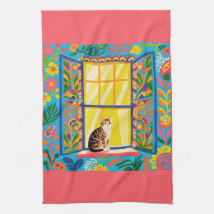 Gestreepte kat bij zonnig raam T handdoek Kleurr