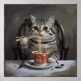 Gestreepte Kat Genieten Beker Noedels Poster