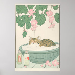 Gestreepte Kat in Badkuip Kunstprint Japanse Badka Poster