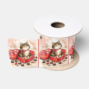 Gestreepte kat in een Valentijnshart snoepdoos Lint