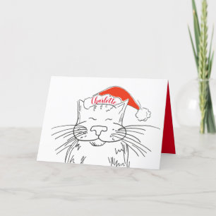 Gestreepte kat met rode kerstmuts Kerstmis Feestdagen Kaart