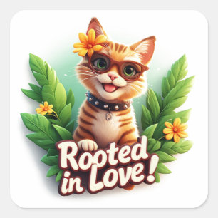 Gestreepte Kat Zonnebril Geworteld In Liefde Badge Vierkante Sticker