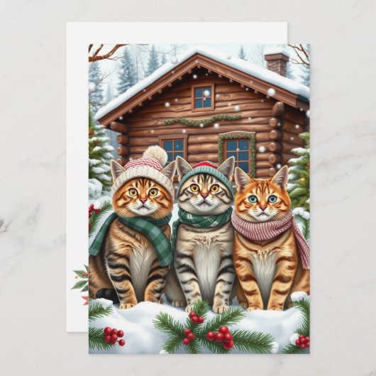 Gestreepte katten in preppy winterkleding en hoed feestdagenkaart (Voorkant / Achterkant)