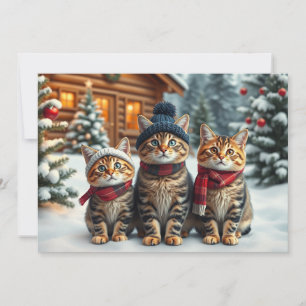 Gestreepte katten in preppy winterkleding en hoed feestdagenkaart