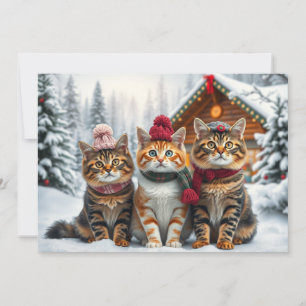 Gestreepte katten in preppy winterkleding en hoed  feestdagenkaart