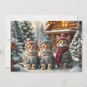 Gestreepte katten in preppy winterkleding en hoed feestdagenkaart