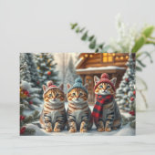 Gestreepte katten in preppy winterkleding en hoed feestdagenkaart (Staand voorkant)