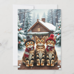 Gestreepte katten in preppy winterkleding en hoed  feestdagenkaart