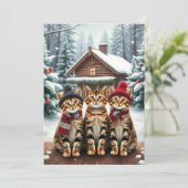 Gestreepte katten in preppy winterkleding en hoed feestdagenkaart (Staand voorkant)