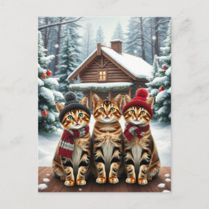 Gestreepte katten in preppy winterkleding en hoed  feestdagenkaart
