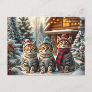 Gestreepte katten in preppy winterkleding en hoed  feestdagenkaart