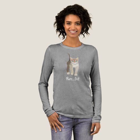 Gestreepte Kitten Grijs Lange Mouwen Tri-Blend Shirt (Voorkant)