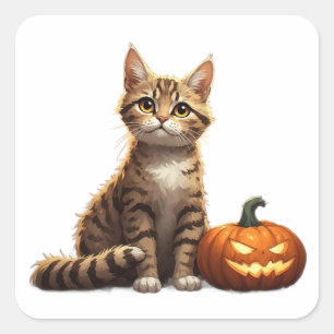 Gestreepte Kitten Herfst Halloween Thema 🎃 Vierkante Sticker