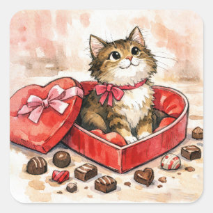 Gestreepte kitten zit in een snoepdoos vierkante sticker