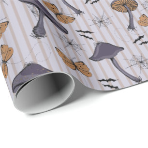 Gestreepte Lavendel Halloween Paddestoel en Vlinde Cadeaupapier