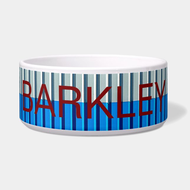 Gestreepte Metalen Look Pet Bowl met BARKLEY Tekst Voerbakje (Voorkant)