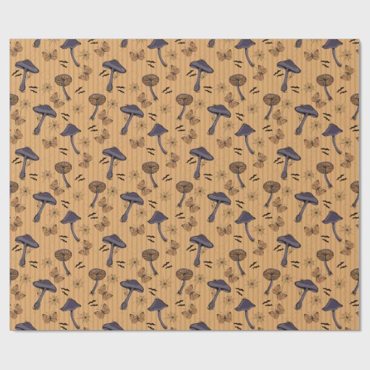 Gestreepte Mosterd Halloween Paddestoel en Vlinder Cadeaupapier (Vlak)