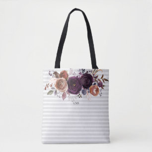 Gestreepte Paarse en Bourgondische bloemenmonogram Draagtas