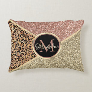 Gestreepte Roos Gold Glitter Leopard Monogram Accent Kussen