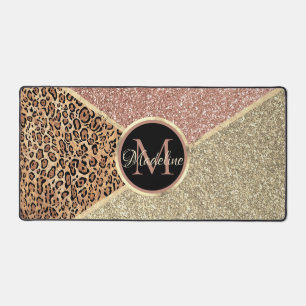 Gestreepte Roos Gold Glitter Leopard Monogram Bureaumat