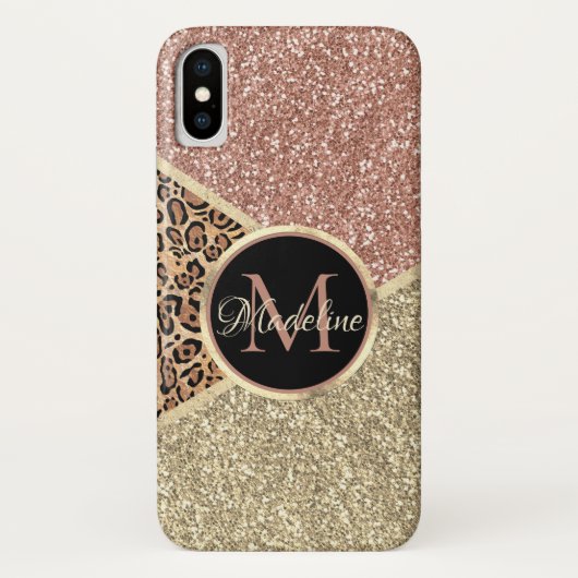 Gestreepte Roos Gold Glitter Leopard Monogram Case-Mate iPhone Case (Achterkant)