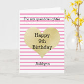 Gestreepte Roze en Gouden Hart 9e Verjaardag Kaart (Gele Bloem)