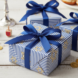Gestreepte saffierblauwe joodse gouden davidster cadeaupapier
