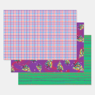 Gestreepte stof, Kerstbomen, & Groene Streepsel, 3 Inpakpapier Vel