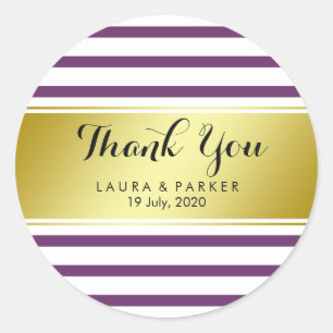 Gestreepte Violet Gouden Folie Dank u Bruiloft Ronde Sticker