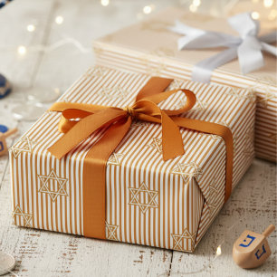 Gestreepte Warme Amber Joodse Gouden Ster van Davi Cadeaupapier