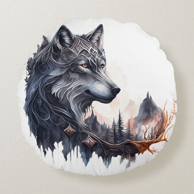 Gestreepte Wolf  Rond Kussen (Voorkant)