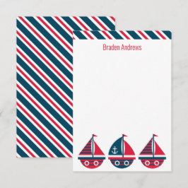 Gestreepte zeilboten gepersonaliseerde notitiekaar bedankkaart