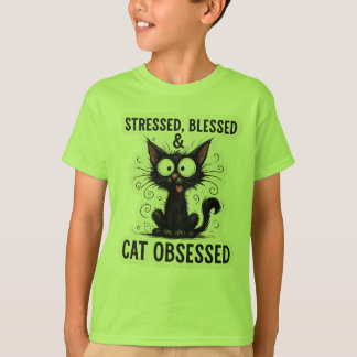 Gestrest Geblessed & Kat Obessed Grappige Zwarte K T-shirt