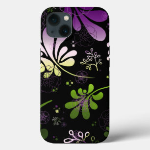 Gestyleerde kleurrijke bladeren en bloemen op zwar iPhone 13 hoesje