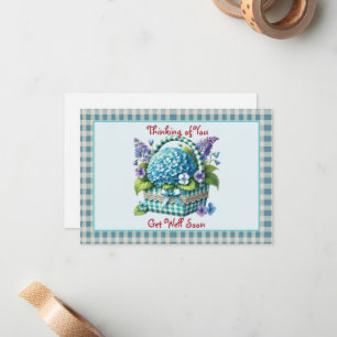 Get Well Soon Bloemenmand Turquoise Gingham Notitiekaartje