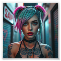 Getatoeëerd Punk meisje met neon haar in Urban All
