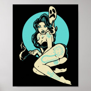 Getatoeëerde Gothic Pin-up Girl Horror Ghost Moon  Poster
