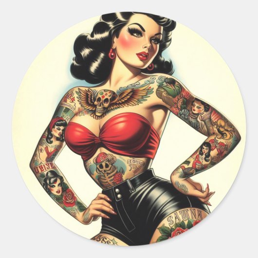  getatoeëerde pin-up ronde sticker (Voorkant)