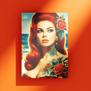 Getatoeëerde roodharige pin-up briefkaart
