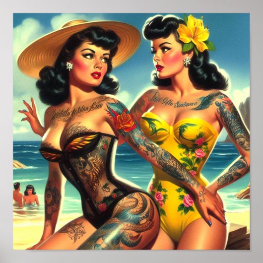 Getatoeëerde vintage strand pin-ups poster (Voorkant)